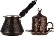 DEMMEX 6 Pcs Turkish Greek Coffee Set for 1 with Engraved Copper Pot and Heavy Duty Cup Saucer Lid and Spoon (Antique Copper)