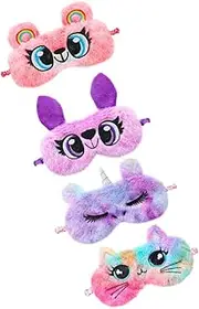 CALLARON 4Pcs Cartoon Plush Sleep Masks for Eye Covers Owl Rainbow Cat Unicorn Rainbow Bear Soft Faux Blindfolds for Comfortable Sleeping and Light Blocking