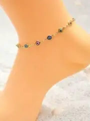 HAMSA EVIL EYE MULTI COLOR STONE 14Kt GOLD CLAD PL ANKLET ANKLE BRACELET 9 -12.5