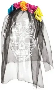 DOD Dia de los Muertos, Halloween Multicolor Flowers with Printed Veil Headband