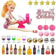 36 PCS Mini Wine Bottles Cake Toppers With 12 Mini Wine Bottles 5 Mini Wine Glasses 1Toilet Toy 1 Beauty Doll 21st Birthday Cake Topper for Celebrating Birthday Girl Party (Pink)