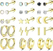[Kakonia] 15 Pairs Surgical Steel Cartilage Earrings Set for Women Men - 20G Tiny Stud, Cubic Zirconia Hoop Huggie, Tragus Daith Helix Screw Flat Back Piercing Jewelry