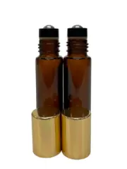 150 PCS, 10ml [1/3 oz] AMBER Rollon Bottle & Aluminum Gold Caps w/Steel Roller