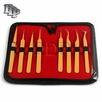 Set Of 8 Pieces Stainless Steel Gold Color Eyelash Extension Tweezers