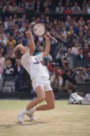 Swedish tennis player Stefan Edberg celebrates winning the Gentle - Old Photo
