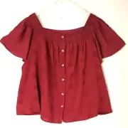 Torrid Embroidered Square Neck Top 5X Rust Button Front Flutter Short Sleeves