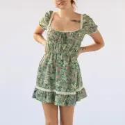 Urban Outfitters Prairie Mini Dress Size Small Peasant Smocked Floral Seersucker