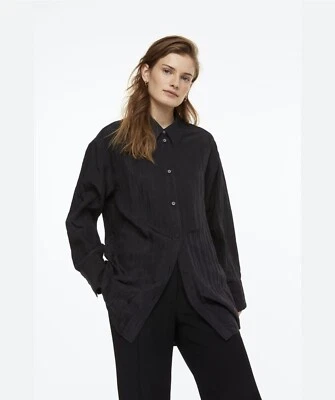 H&M Women Black Crinckle Chiffon Tunic Top Blouse Button Shirt size Large
