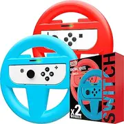 Orzly Steering Wheels [Twin Pack] Compatible with Switch Joy Cons - Pack of RED & Blue Steering Wheel Accessory Attachments [with Built-in Light Display Indicators] for use with Nintendo Switch