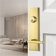 Satin-Brass Front Door Handle - Modern Entry Door Lock Set with Deadbolt,Exterior Door Lever 3 Keys for Left & Right Hand Door (Satin Brass)