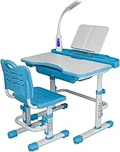 Manual Height Adjustable Kids Desk and Chair Set, Writing Table with Eye Protection LED Lamp ＆ Reading Bookstand, Blue Study Desk Adjusted