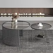 Nesting Coffee Table Set, Unique Semi-Circular Table Legs, Iron Woven Rattan+Glass, No Need Assembly Coffee Table Set(Black,27in+20in)