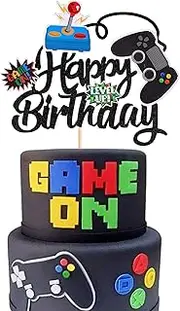 SYKYCTCY 1 Pack Video Game Happy Birthday Cake Topper Glitter Video Game Cake Pick Game On Controllers GamePad Cake Decoration for Game Theme Baby Shower Birthday Party Supplies Black