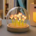 (Thirteen Pink Tulips) Glowing Tulip Dome Lamp - Wooden Base, Bedside Table Deco