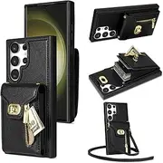 Wallet Case for Samsung Galaxy S23 FE, Matte Leather Wallet Phone Case with Zipper Detachable Shoulder Strap Buckle Design - Black