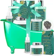 Bath Spa Gift Set Eucalyptus & Aloe Vera Spa Basket Kits for Women and Men, Contains Essential Oil, Bubble Bath, Body Lotion, Bath Salt, Soy Candle, Best On Valentine's Day, Mother's Day