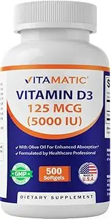 Vitamatic Vitamin D3 5000 IU (125 mcg) - 500 Softgels (Olive Oil Based) - 500 Days Supply - for Healthy Muscle Function, and Immune Support, Non-GMO, Gluten Free in Cold-Pressed Mini Softgels