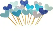 Cupcake Toppers 30Pcs Set, GUCUJI Funny Blue Heart DIY Glitter Mini Birthday Cake Snack Decorations Picks Suppliers Party Accessories for Wedding and Baby Shower