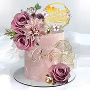 Flower Cake Toppers Happy Birthday Cake Toppers with Artificial Purple Rose Flowers Eucalyptu Leaves for Birthday Party Wedding Baby Shower Supplies (Purple)