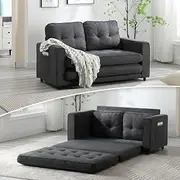 Goohome Pull Out Sofa 2-in-1, Sleeper Sofá Bed with USB Charging Port and 3-Pin Plug, Velvet Loveseat Couch with Folding Foam Mattress for Living Room, Small Apartment, C-Black
