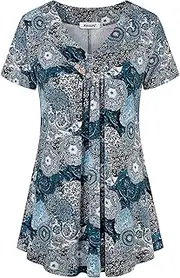 [Ninedaily] Women's 3/4 Sleeve Plaid Shirts Zip Floral Casual Tunic Blouse Tops
