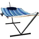 SUGIFT Fabric Hammock 12' Cotton Catalina Beach Blue w/ Heavy-Duty Steel Stand