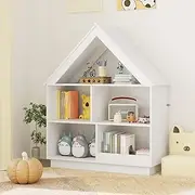 HONEY JOY Kids Dollhouse Bookshelf, 3-Tier House-Shaped Storage Organizer w/Open Shelves, Decorative Roof, Anti-toppling System, Children Display Shelf Bookcase for Playroom & Nursery, White
