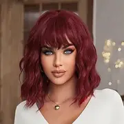 Red Wig with Bangs Short Wavy Wigs for Women Wine Red Curly Shoulder Length Bob Wig Synthetic fiber Wigs for Daily Party Use