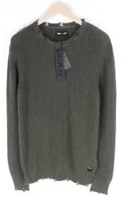 REPLAY Men XL Green Jumper Cotton Long Sleeve Ripped Casual Knitted Sweater