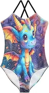 [RPLIFE] Cute Dragon Big Eyes Girl Halter Swimsuit, Beach Bathing Suits Girls, 3-10T Girls Athletic Swimsuit