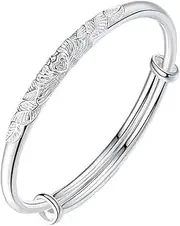 Fashion Bracelet,Gifts for Mum,Women 925 Sterling Silver Adjustable Cuff Bangle Hand Carve Peony Bracelet Sterling Silver Jewellery Birthday Gifts for Sisters Friend Couples Mom