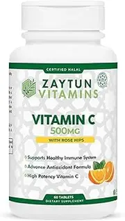 Halal Vitamin C 500mg Tablets with Rose Hips Supports Immune System, Natural Antioxidant with Citrus Bioflavonoids, Gluten-Free, Vegan, 60 Tablets - Halal Vitamins