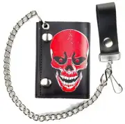 GENUINE LEATHER RED SKELETON HEAD TRI-FOLD MEN'S WALLET W SNAP ON CHAIN GI563
