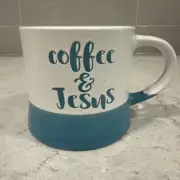 COFFEE & JESUS e 18oz Mug Turquoise Blue & White NEW Bible Scripture Verse