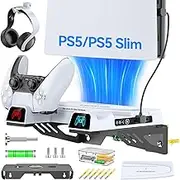 PS5/Slim/Pro Wall Mount Kit with Cooling Fan & Charging Station, PS5 Shelf Floating Mount for All PlayStation 5 Disc & Digital Console, PS 5 Wall Bracket Behind TV, PS Five Pro Accessories