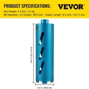Diamond Core Drill Bit 88.9mm 11 Threaded 241.3mm Depth Pilot Bit Masonry Tool