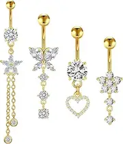 [Incaton] 14G Belly Button Rings Dangling Surgical Stainless Steel Dangle Belly Rings Hypoallergenic Diamond Heart Butterfly Navel Barbell Piercing Rings for Women