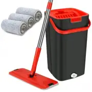 360° Flat Floor Mop Bucket Set Self Cleaning Wet Dry Usage 3 Microfiber Pads US
