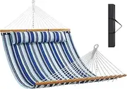 VEVOR Double Quilted Fabric Hammock, 12 FT Double Hammock with Hardwood Spreader Bars, 2 Person Quilted Hammock with Detachable Pillow and Chains for Camping Outdoor Patio Yard Beach, 480 lbs Capacity