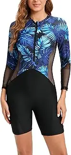 [winying] Women One Piece Patchwork Athletic Swimsuit Long Sleeve Front Zipper Mesh Fifth Boxer Short Beachwear