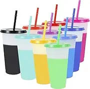10Pcs Color Changing Cups with Lids and Straws, 710ml/24oz Reusable Tumblers Bulk, Large Capacity Plastic Straw Tumbler, Ice Cold Drinking Cup for Adults Kids, Travel Beverage Mug for Party (A)