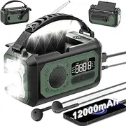 12000mAh Emergency Radio, Hand Crank Radio AM/FM/NOAA, Portable Weather Alert Radio, Solar Radio with Flashlight, Reading Lamp, SOS Alarm, USB Charger, for Home & Outdoor Emergency