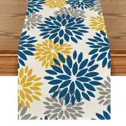 Blue Dahlia Floral Pinnata Summer 13" x 48", Table Runner Blue/Yellow/Grey