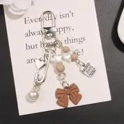 Bow Faux Pearl Acrylic Alloy Bag Charm Keyring (Various Designs) Q1499-3 - Silver & Brown - One Size