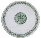Round White Marble Dining Table Top Malachite Gemstone Inlay Work Hallway Table