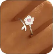 [SUYACS] S925 Sterling Silver Cherry Blossom Flower Rings for Women Lucky Pink Birthstone Leaf Adjustable Ring Cute Sweet CZ Crystal Open Engagement Statement Promise Ring Birthday Jewelry for Her