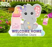 Welcome Home Baby Yard Sign, Personalized Elephant Decoration, Newborn Girl Gift