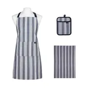 3pc Ladelle Eco Stripe Apron/Potholder/Towel Kitchen Cooking Accessory Set Navy