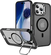 for iPhone 16 Pro Case with Metal Camera Stand [Compatible with Magsafe] Full Protection Shockproof Cover Translucent Magnetic Case for iPhone 16 Pro（Black）