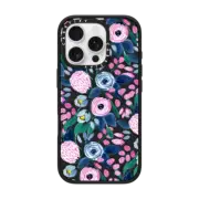 iPhone 16 Pro Impact Case MagSafe Compatible Girly Pink Navy Blue Watercolor Flowers Roses Leaves Pattern Clear